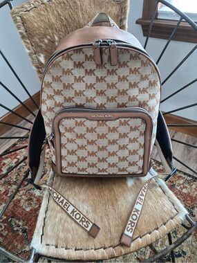 Michael Kors Tan/Brown MK Logo Backpack with Leather Trim